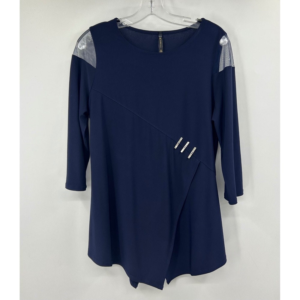 IC by Connie K Navy Blue Asymmetrical Tunic Top Mesh Shoulder Accents Size M